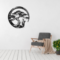 Path of Serenity | Bonsai Tree Metal Wall Art displayed in a bright modern living room, featuring an elegant circular black metal design of a windswept bonsai tree and a peaceful robed figure, creating a calming Zen-inspired focal point for contemporary homes, meditation rooms and offices.