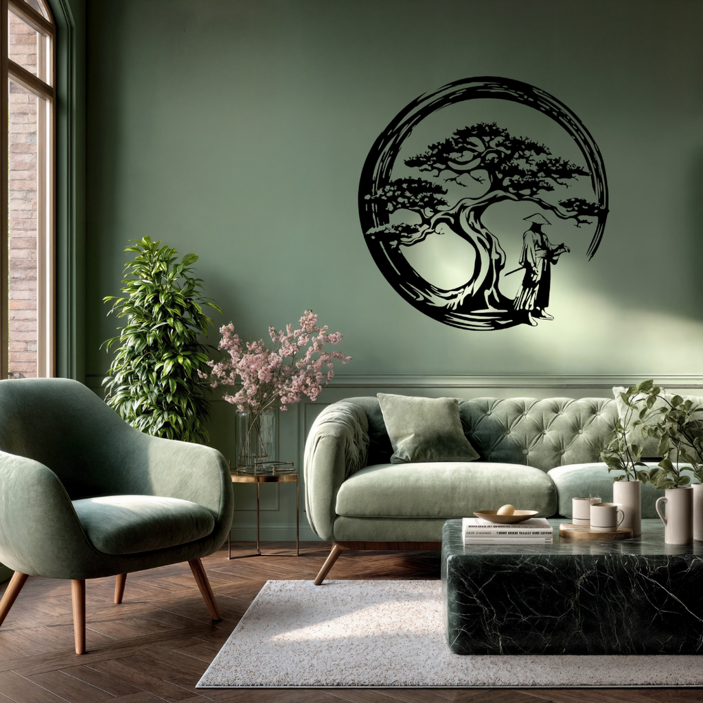 Path of Serenity | Bonsai Tree Metal Wall Art showcased in a sophisticated contemporary lounge, highlighting an intricate circular metal artwork inspired by Japanese Zen gardens with a bonsai tree and peaceful traveller, perfect for living rooms, bedrooms, offices and meditation spaces.