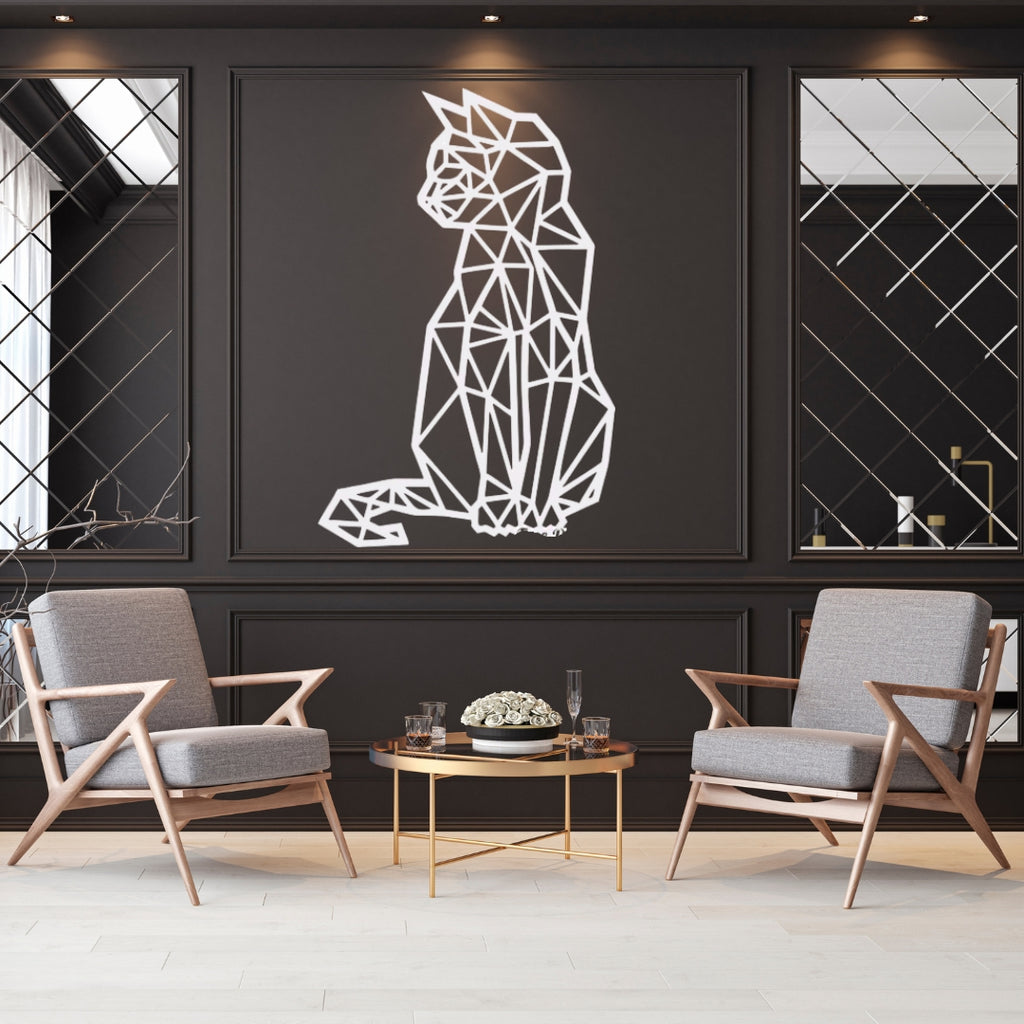 Polygonal cat metal wall art as a statement piece in a modern luxury interior setting