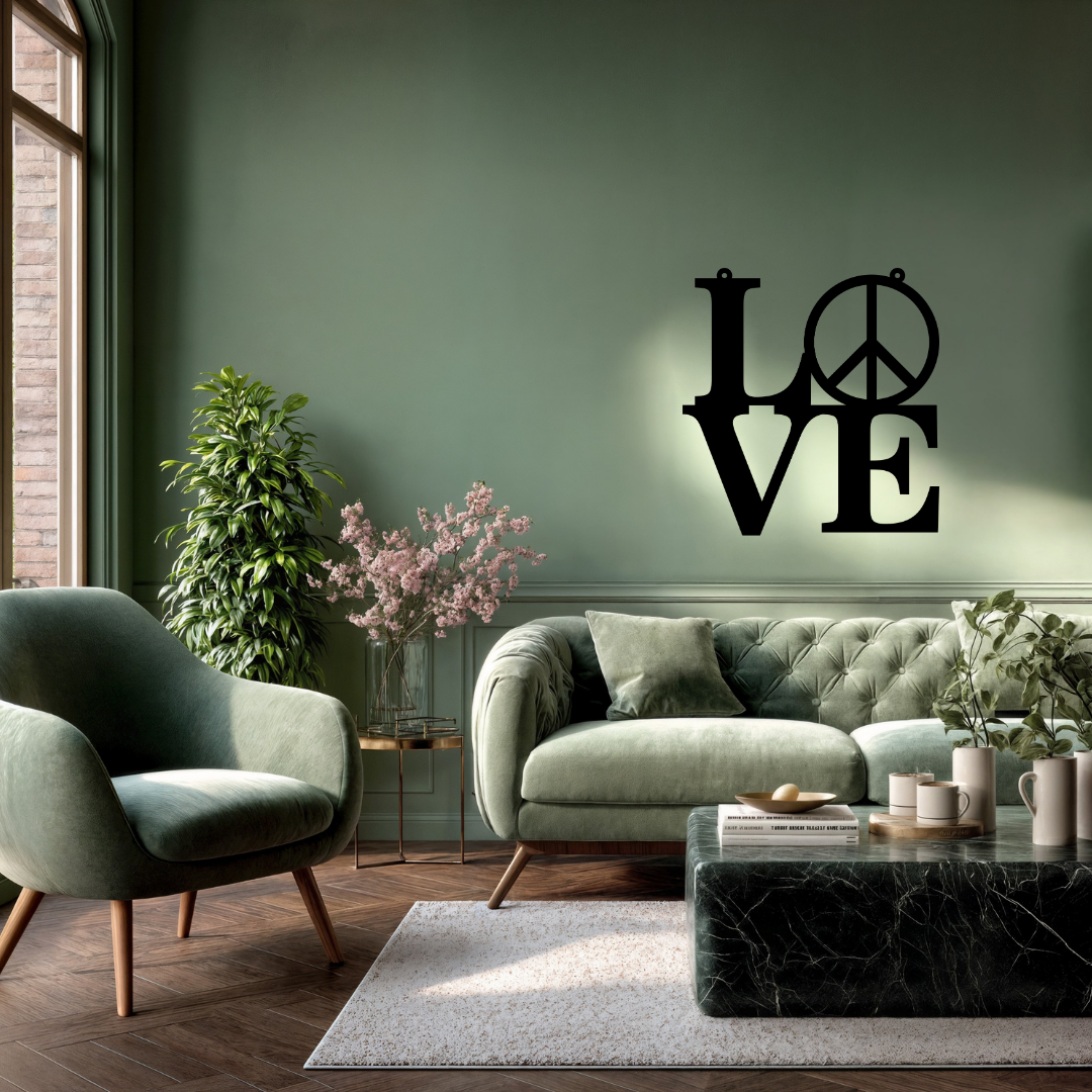 Peace & Love | Love Peace Symbol Metal Wall Art showcased above a sofa in a stylish contemporary living room.