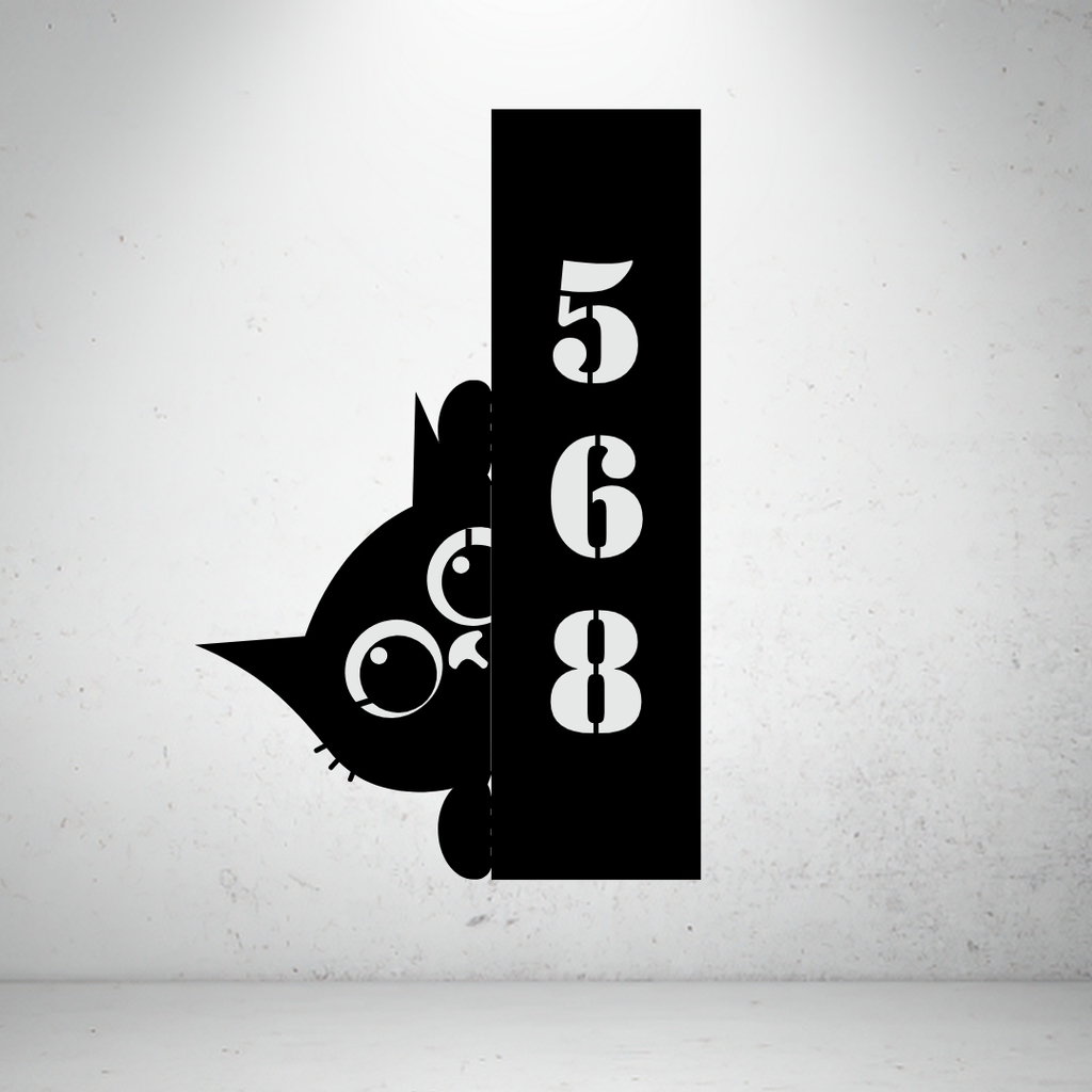 Metal house number sign with playful cat silhouette on a grey background