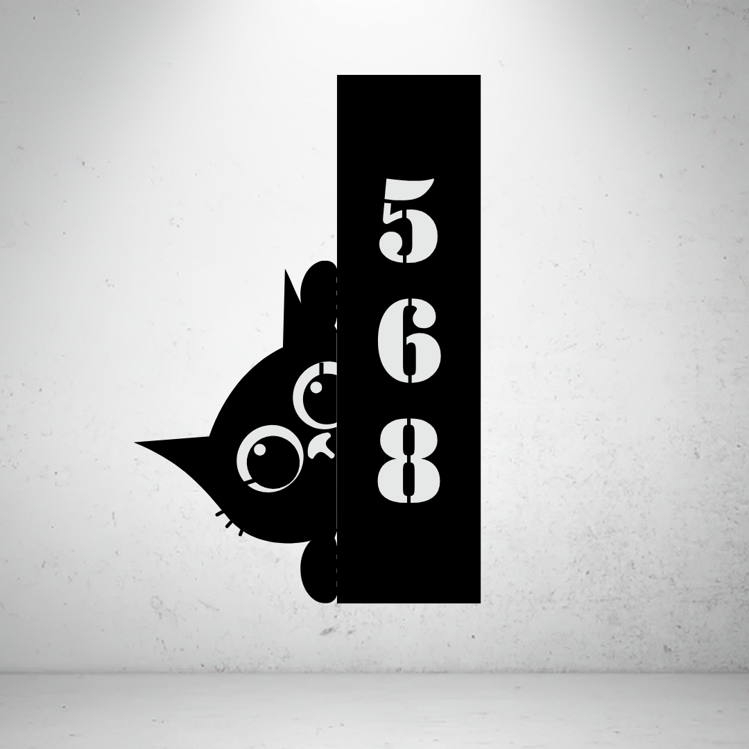 Metal house number sign with playful cat silhouette on a grey background