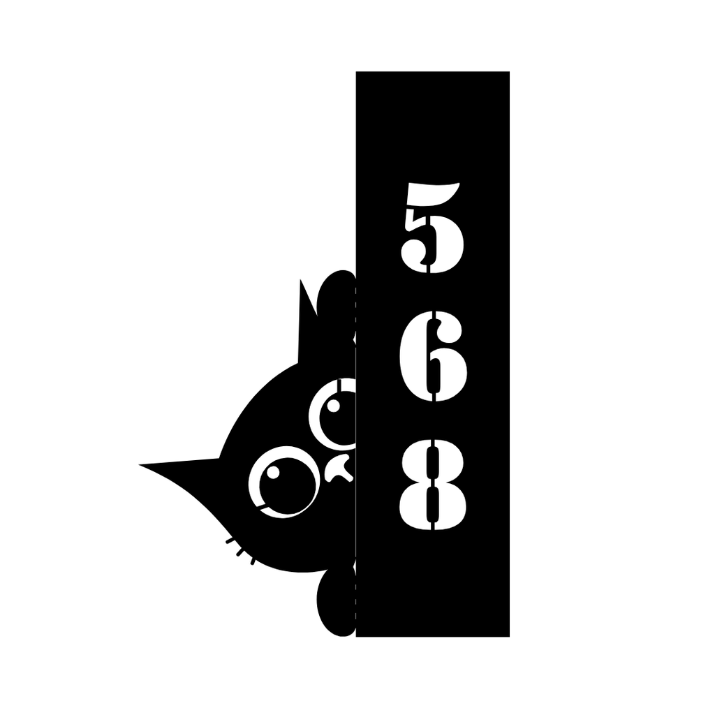 Metal house number plaque isolated on a plain white background with cat design