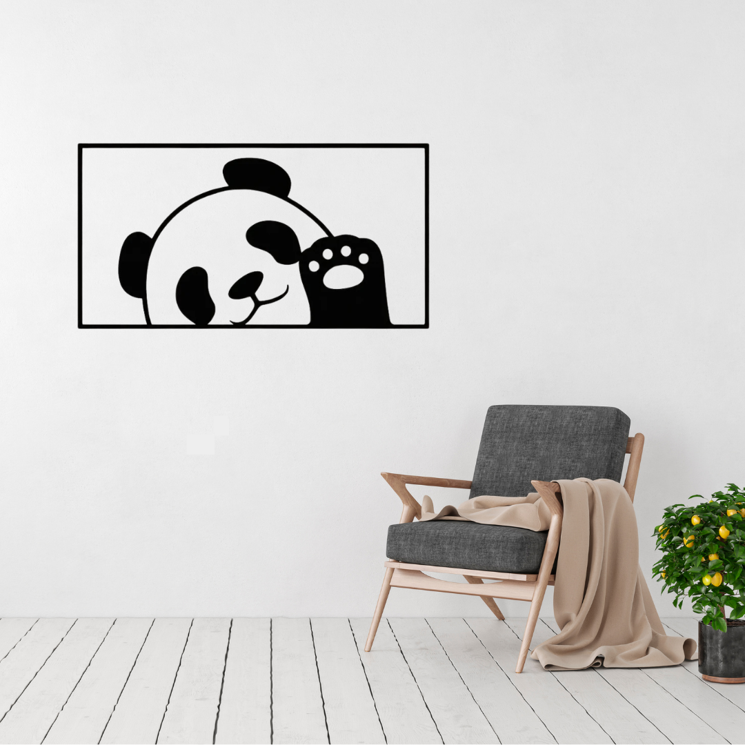 Peekaboo Panda Cute Panda Metal Wall Art displayed in a bright, modern living room above a contemporary armchair.