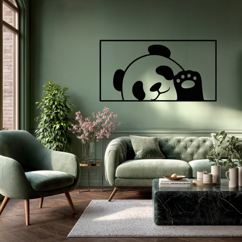 Peekaboo Panda Cute Panda Metal Wall Art showcased above a modern sofa in a stylish living room.