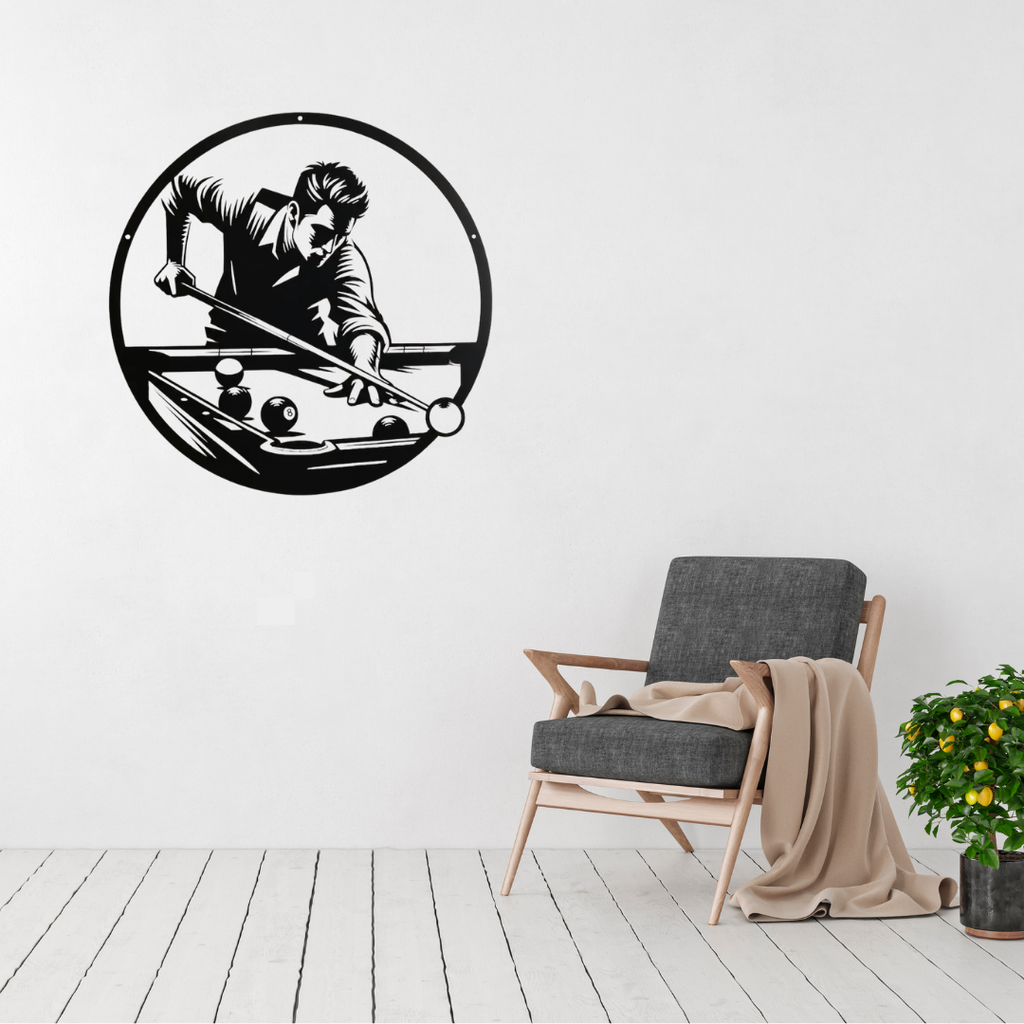 Perfect Break | Pool Player Metal Wall Art displayed in a modern living room.