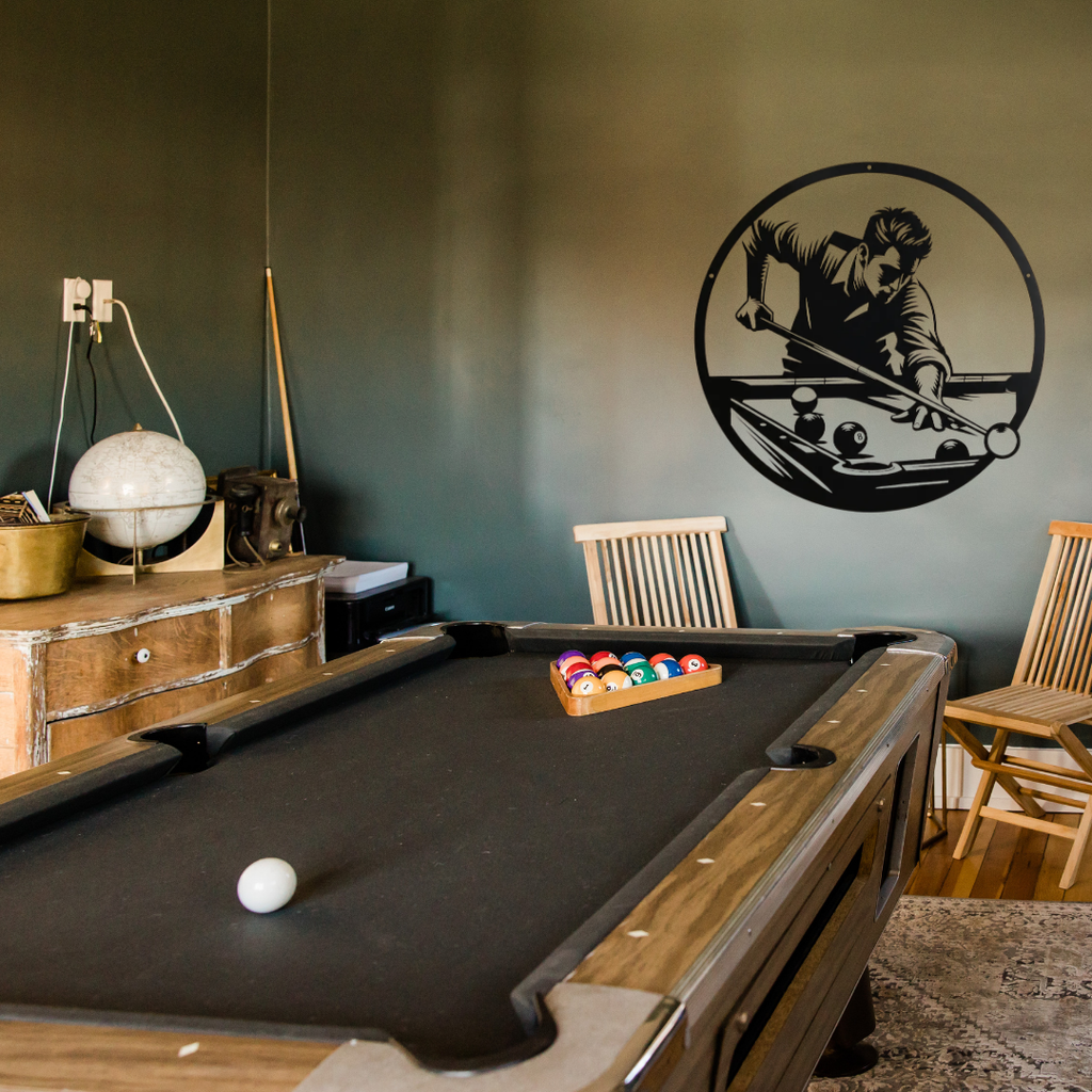 Perfect Break | Pool Player Metal Wall Art installed above a professional pool table in a stylish games room.