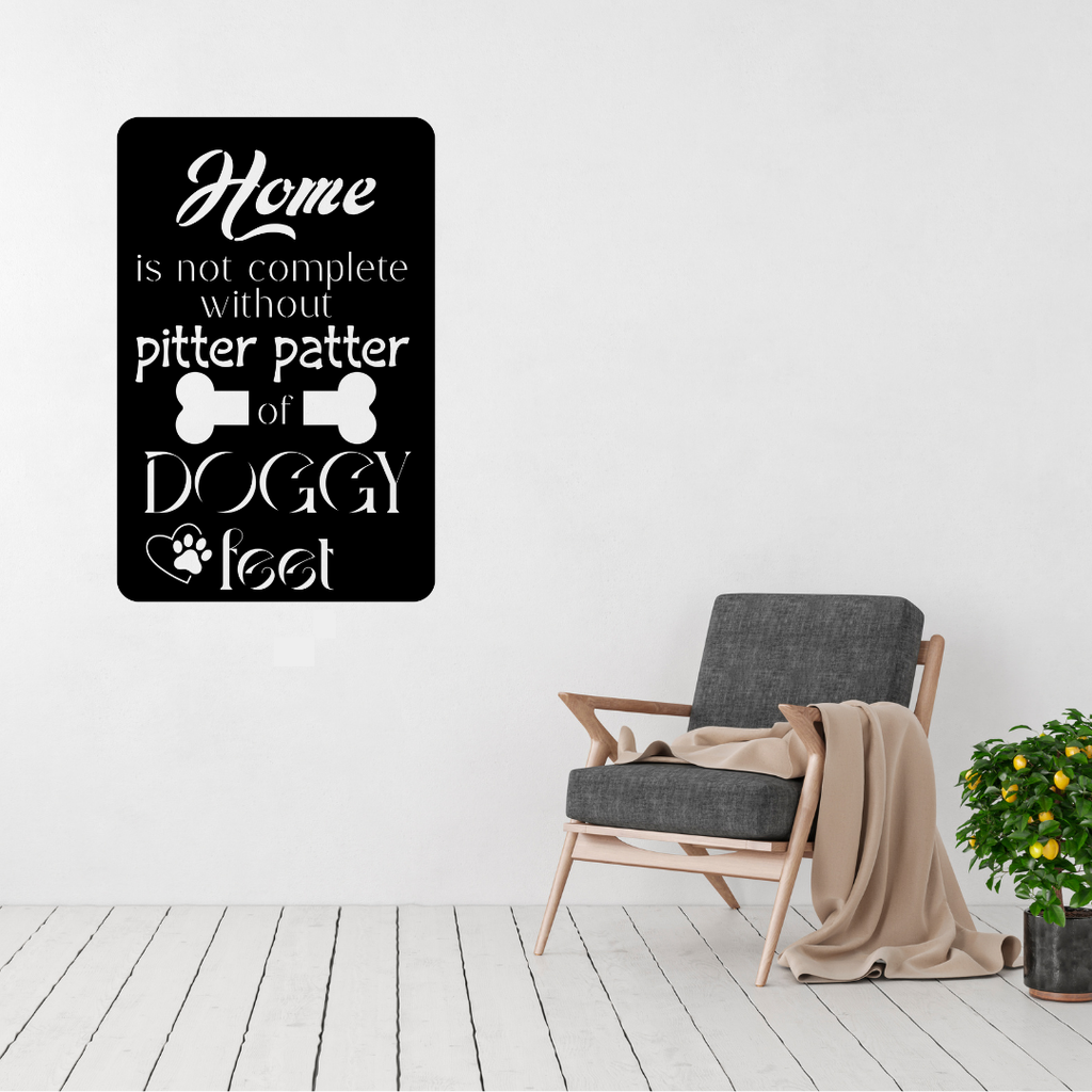Pitter Patter Dog Lover metal sign displayed on a modern living room wall.