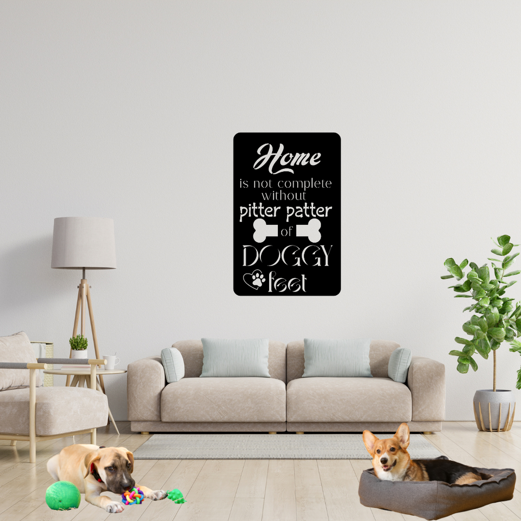 Dog lover metal wall art displayed above a contemporary sofa with two happy dogs relaxing in the room.