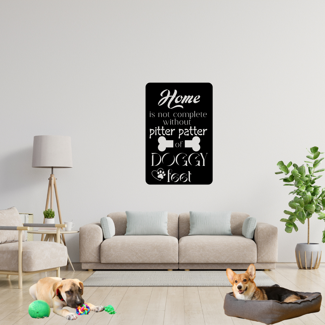 Dog lover metal wall art displayed above a contemporary sofa with two happy dogs relaxing in the room.