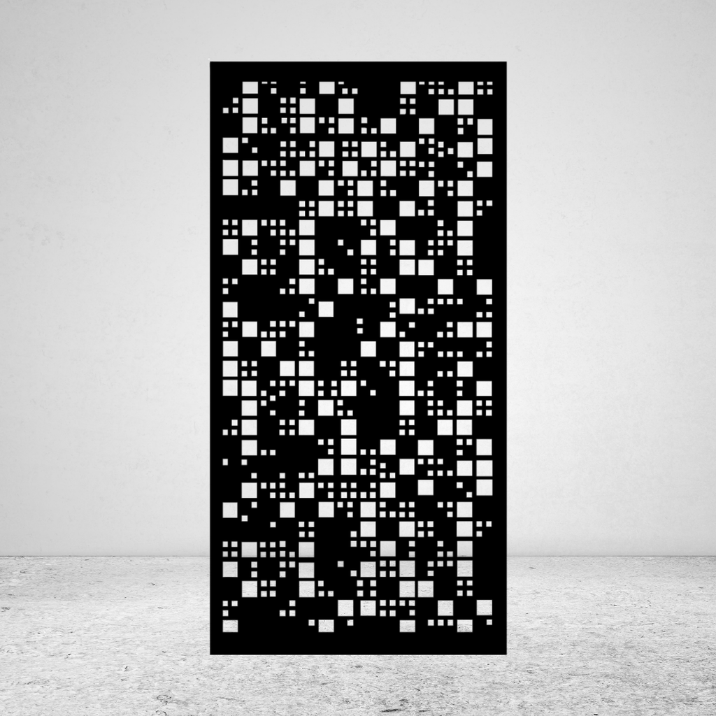 Pixel Flow modern geometric metal privacy screen featuring an abstract square pattern in varying sizes