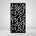 Pixel Flow modern geometric metal privacy screen featuring an abstract square pattern in varying sizes