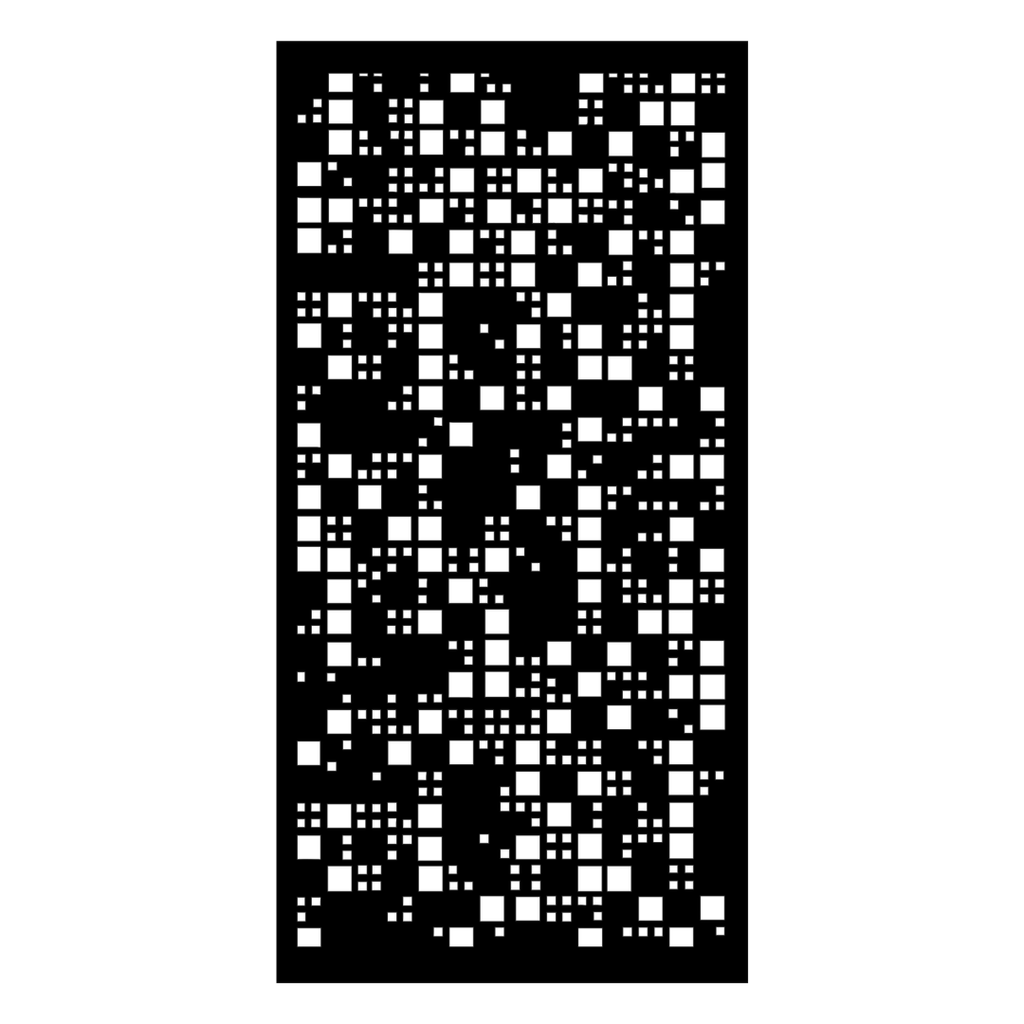 Pixel Flow decorative square pattern metal privacy panel isolated on a white background showing intricate geometric cut-out design