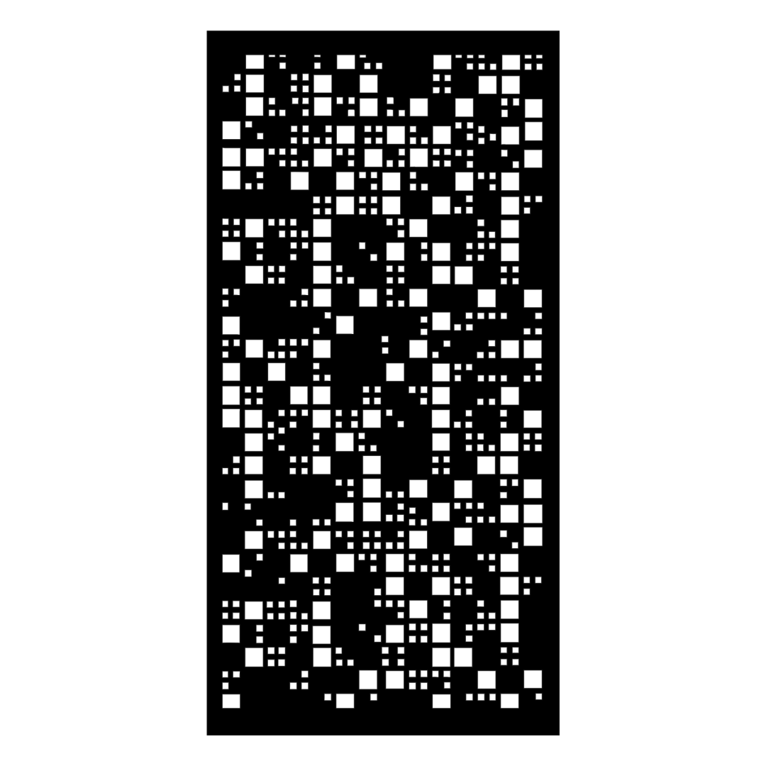 Pixel Flow decorative square pattern metal privacy panel isolated on a white background showing intricate geometric cut-out design