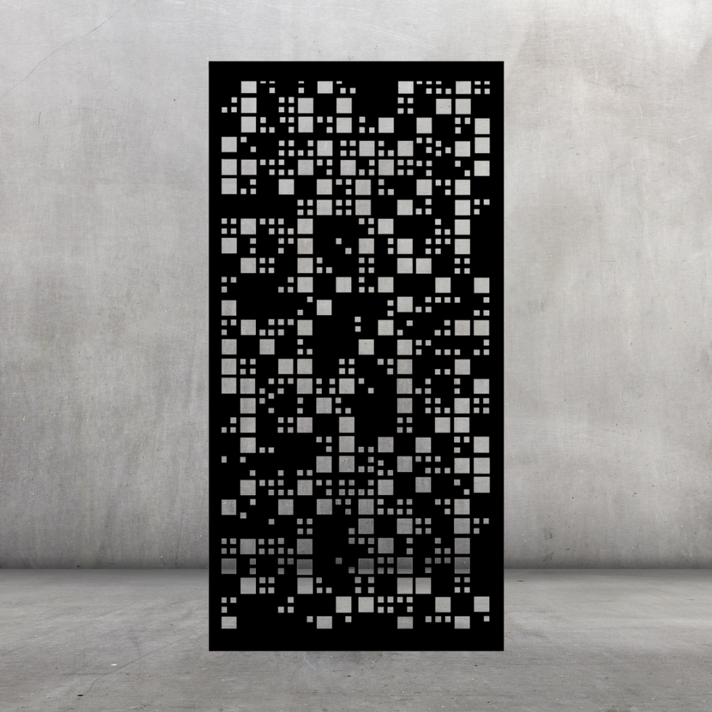 Pixel Flow metal privacy screen displayed against a dark grey wall with contemporary square pattern design