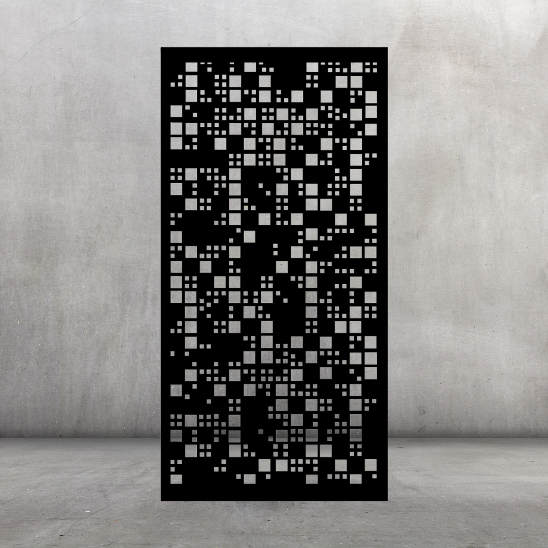 Pixel Flow metal privacy screen displayed against a dark grey wall with contemporary square pattern design