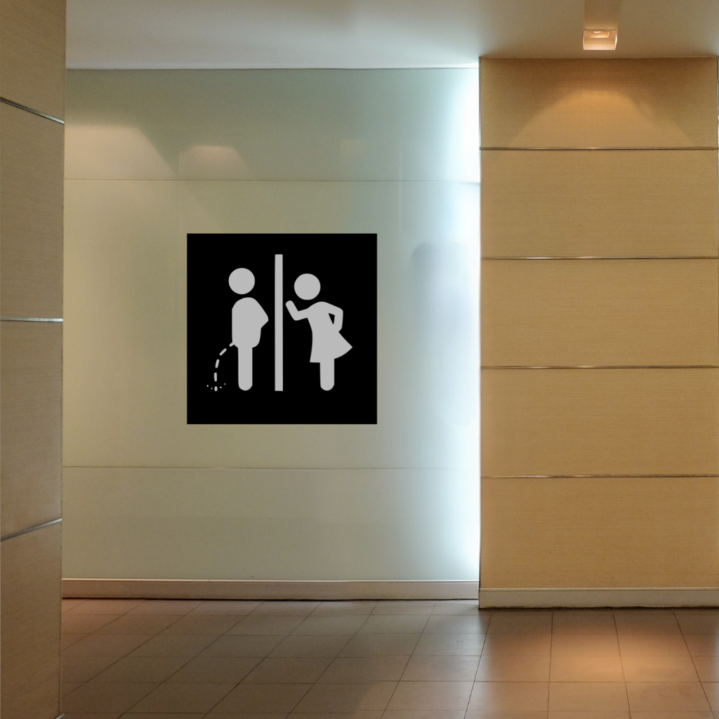 Please Remain Seated Funny Toilet Metal Sign displayed in a commercial restroom setting.