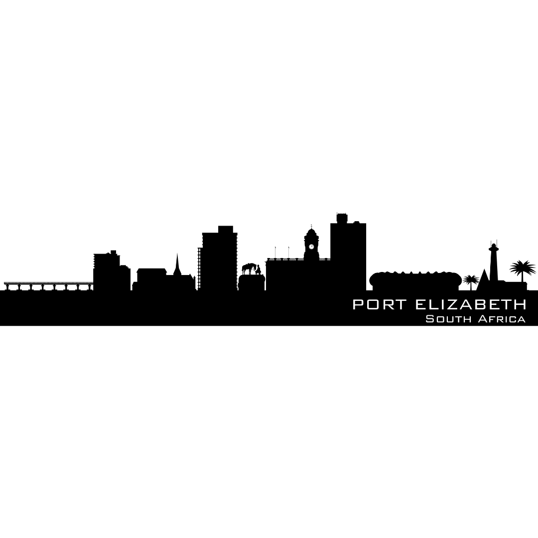 Port Elizabeth South Africa city skyline silhouette metal wall art on white background