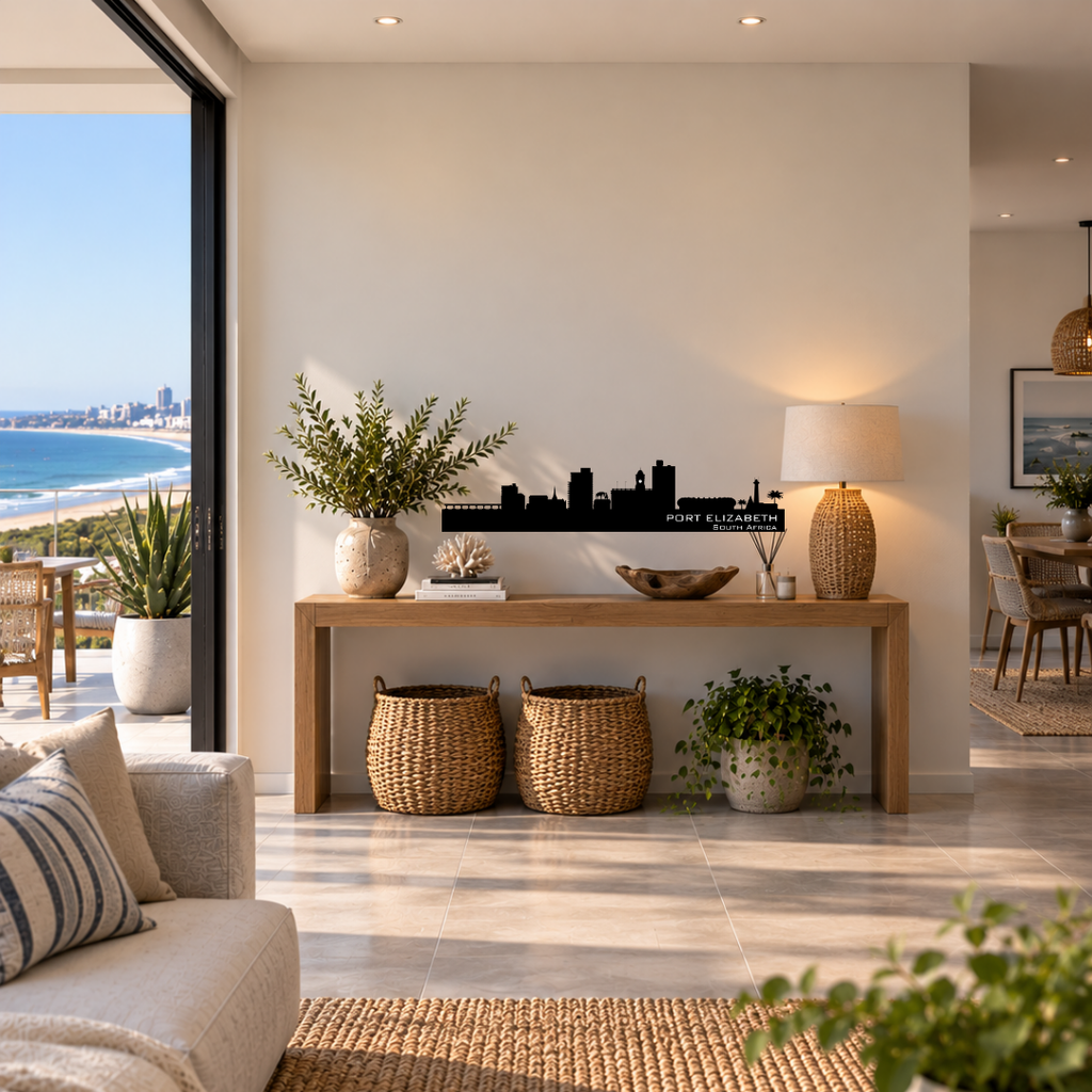 Port Elizabeth South Africa skyline metal wall art displayed in a modern interior