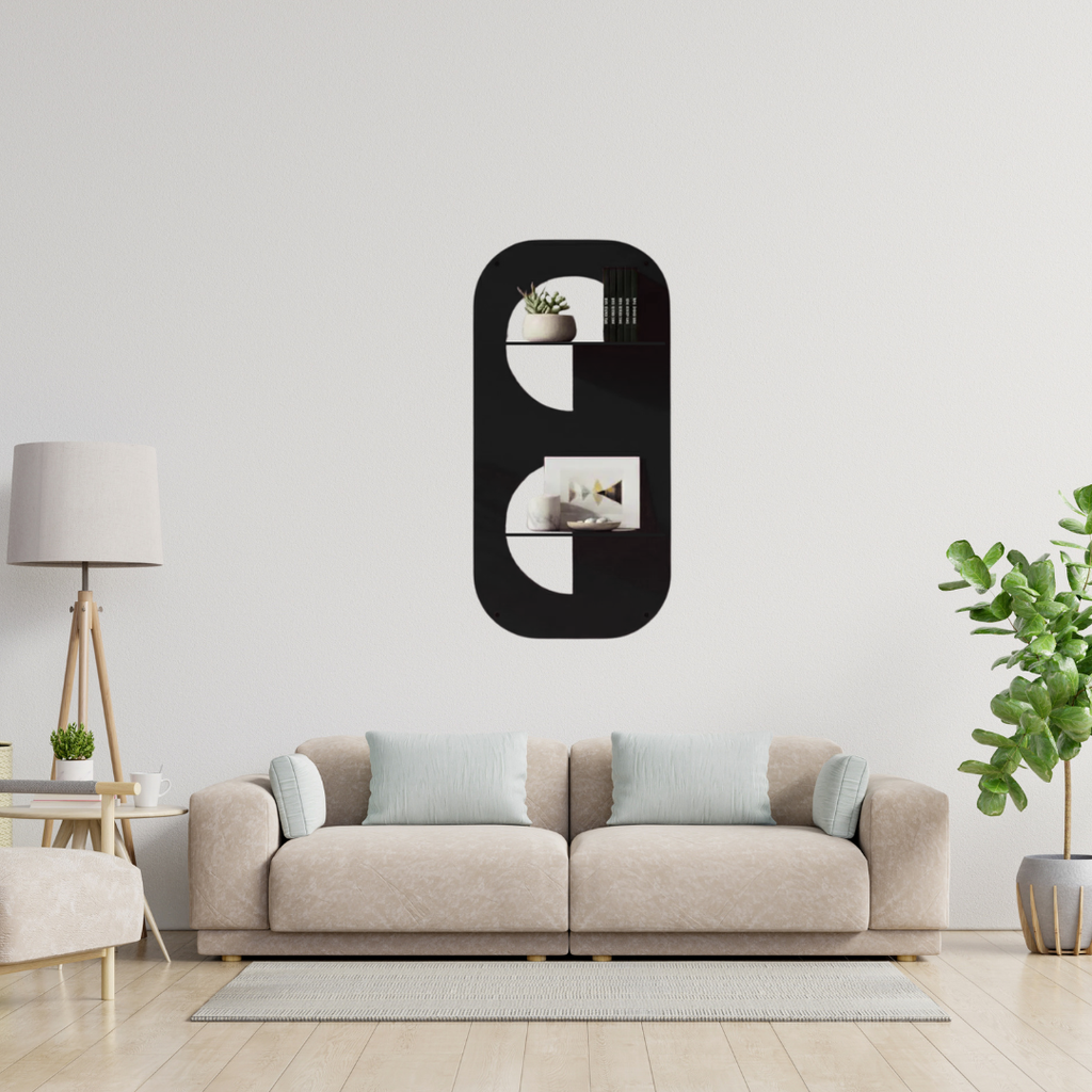 Portal Duo Shelf with dual circular display shelves mounted on a modern wall