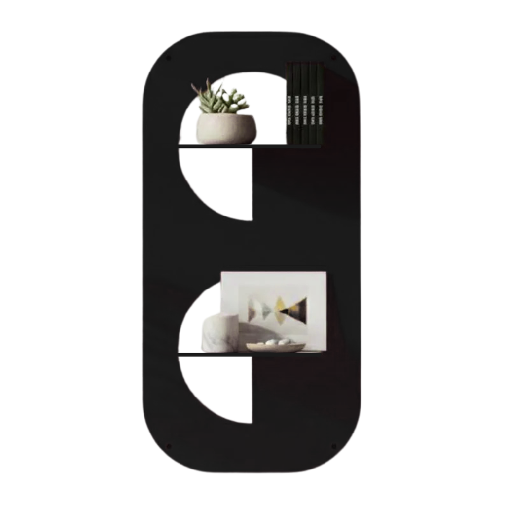 Decorative metal wall shelf with rounded frame and circular shelving design