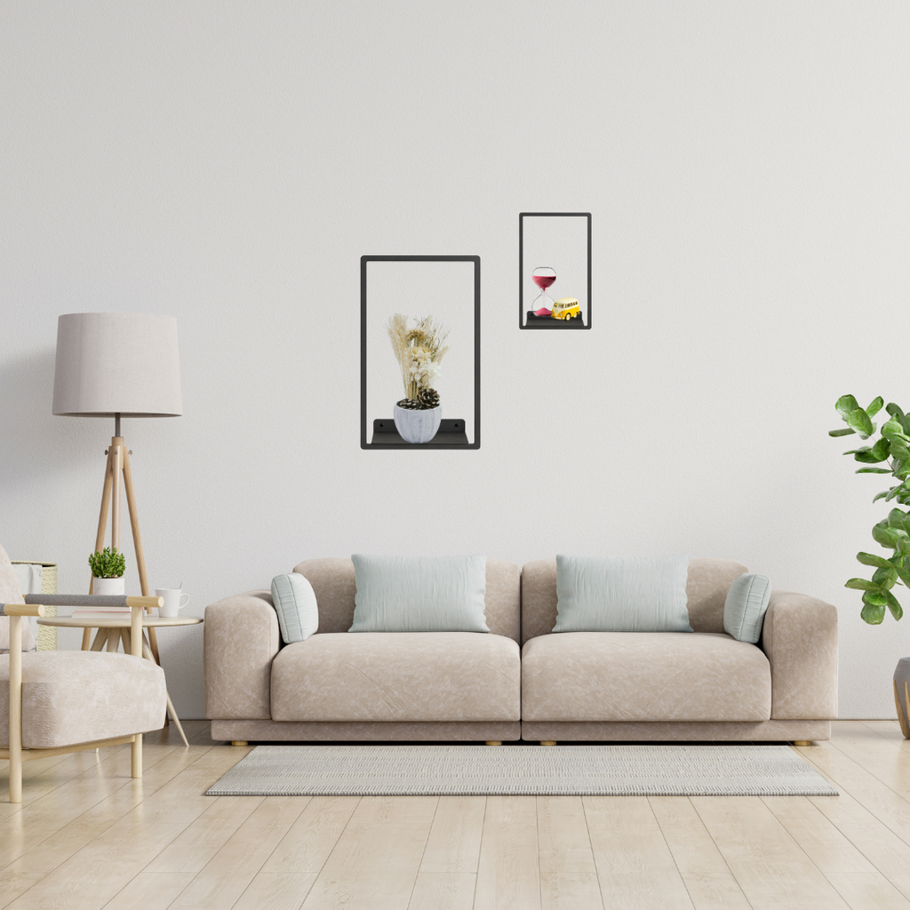 Portal Floating Shelf featuring a modern square metal frame mounted on a minimalist wall