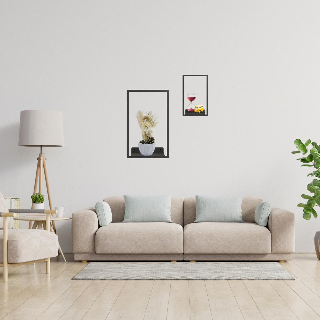 Portal Floating Shelf featuring a modern square metal frame mounted on a minimalist wall