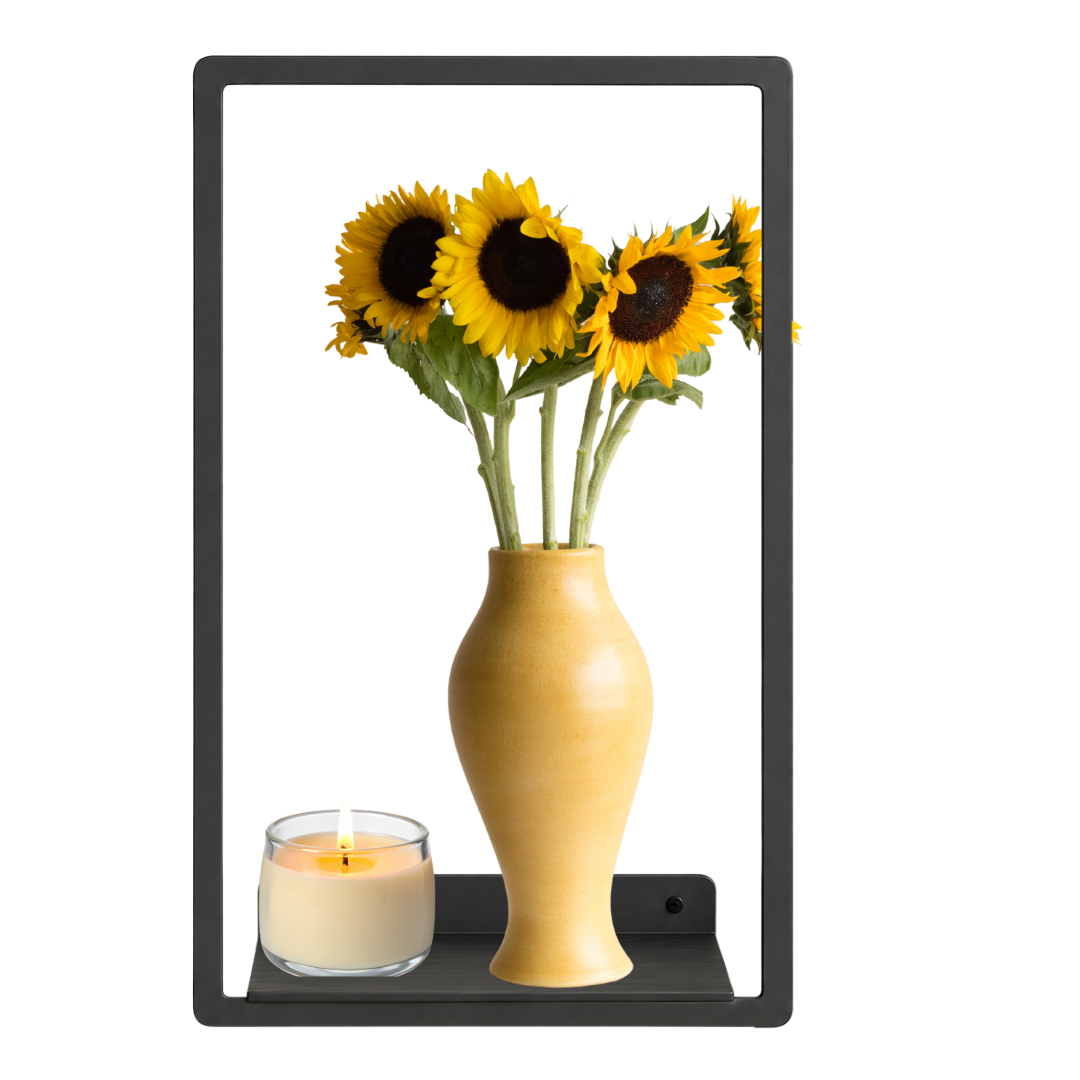 Portal Floating Shelf displaying a decorative vase with sunflowers in a contemporary interior