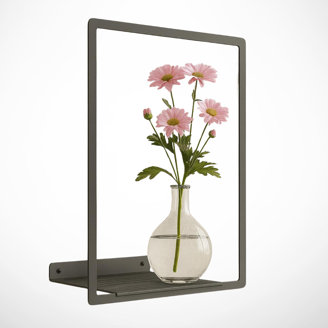 Modern square-frame floating shelf with floral arrangement styled in a minimalist home