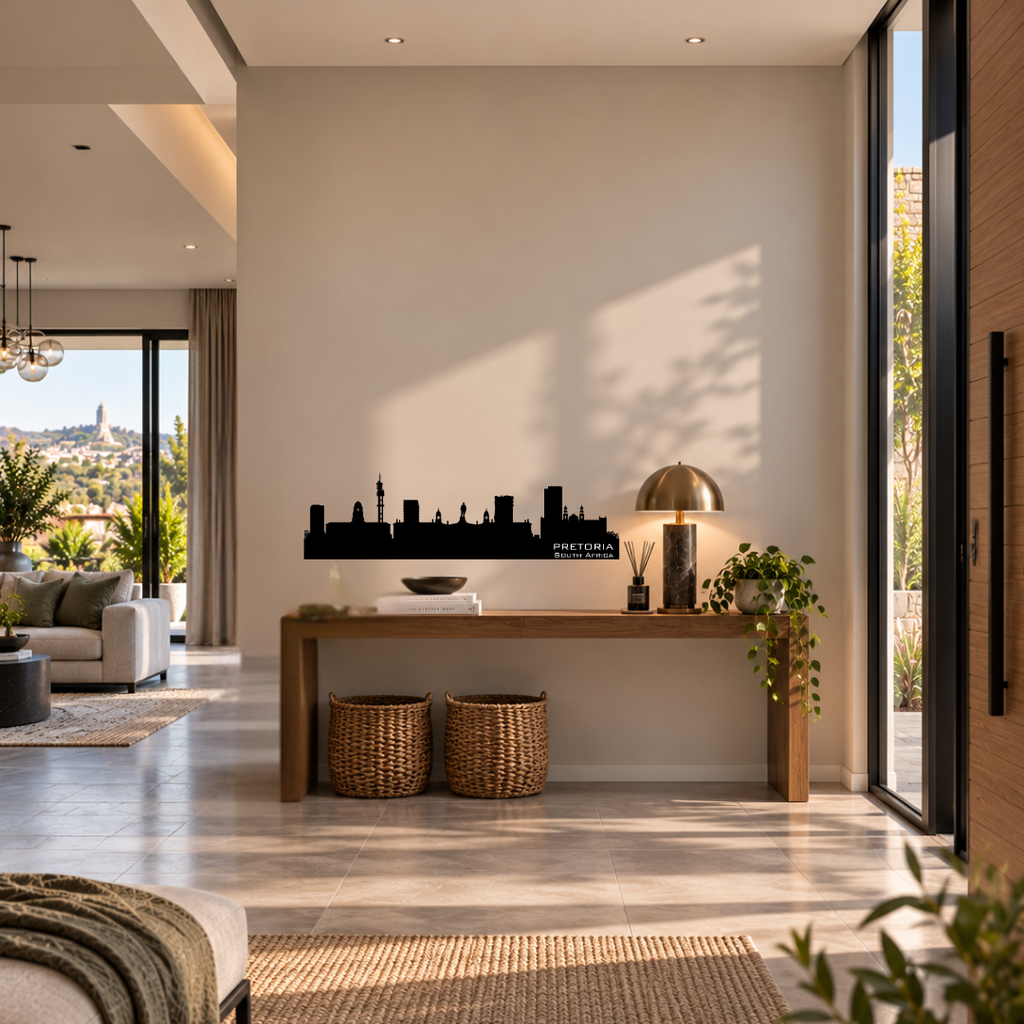 Pretoria South Africa skyline metal wall art displayed in a modern interior