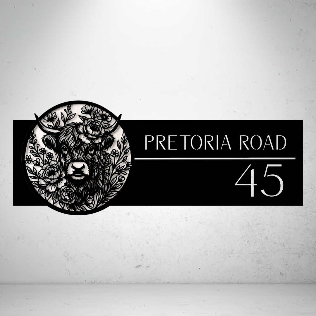 Pretoria Road personalised Highland Cow floral metal house number sign with custom street name and address.