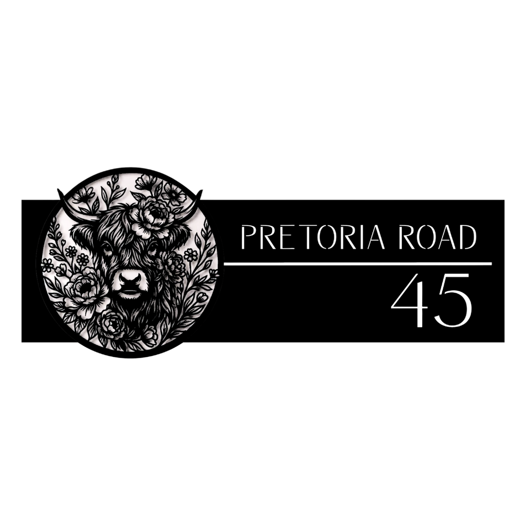 Close-up of the Pretoria Road laser-cut Highland Cow floral custom address plaque.