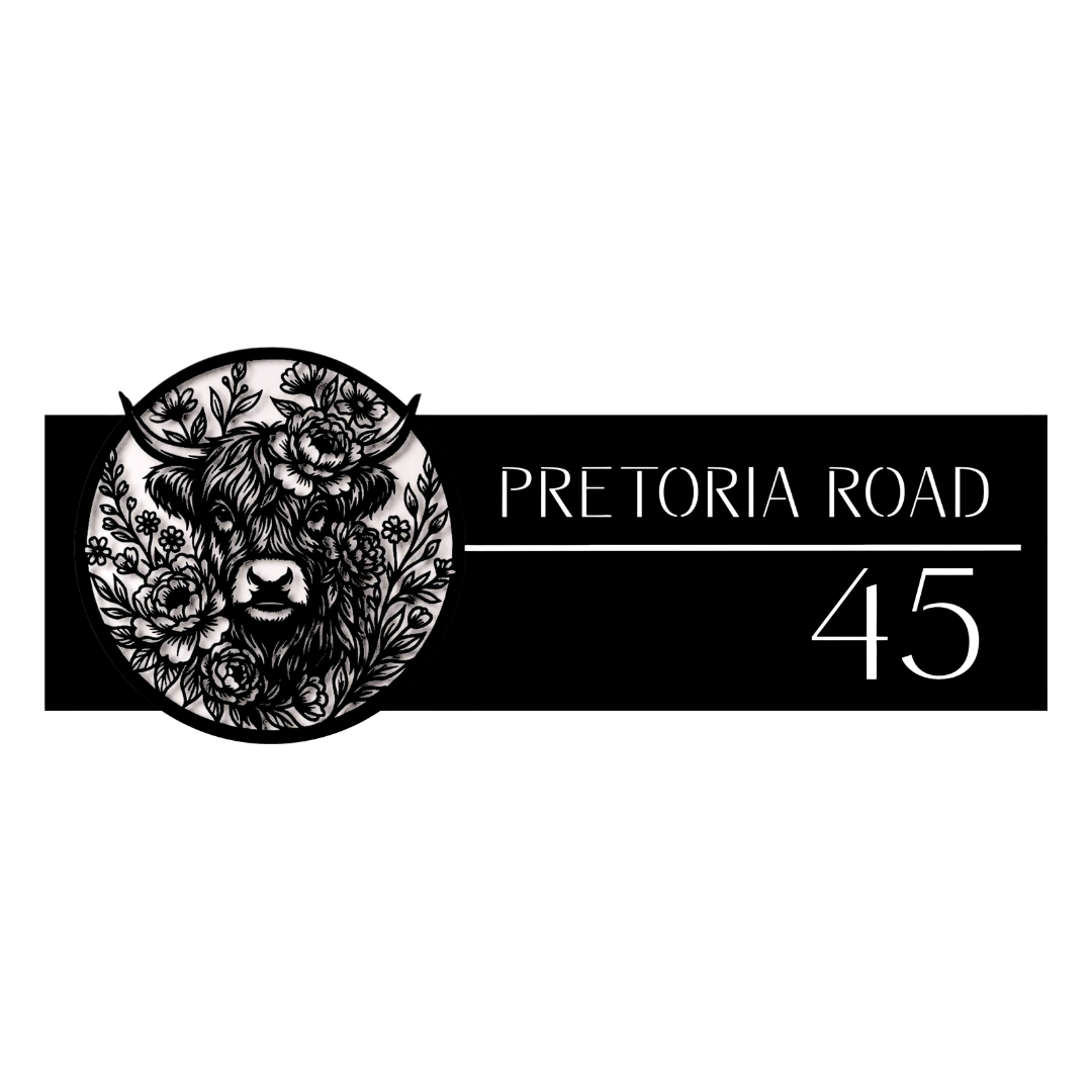 Close-up of the Pretoria Road laser-cut Highland Cow floral custom address plaque.