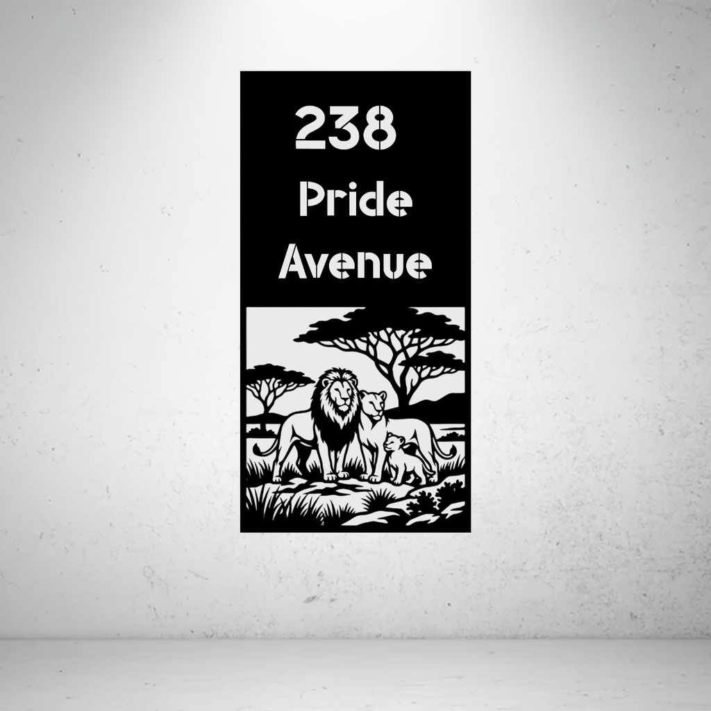Pride Avenue personalised vertical metal house number sign featuring an African lion family with a lion, lioness, and cub.