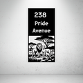 Pride Avenue personalised vertical metal house number sign featuring an African lion family with a lion, lioness, and cub.