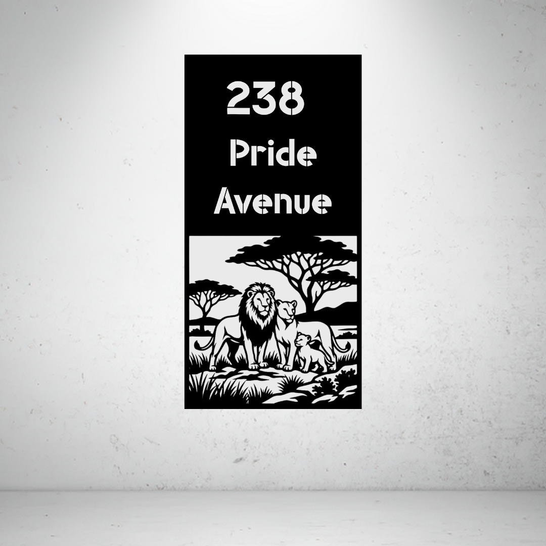 Pride Avenue personalised vertical metal house number sign featuring an African lion family with a lion, lioness, and cub.