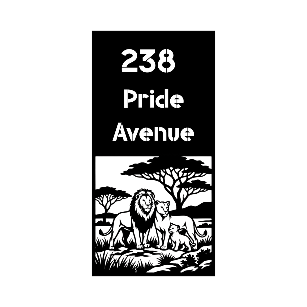 Close-up of the Pride Avenue custom laser-cut steel vertical address plaque with an African lion family design.