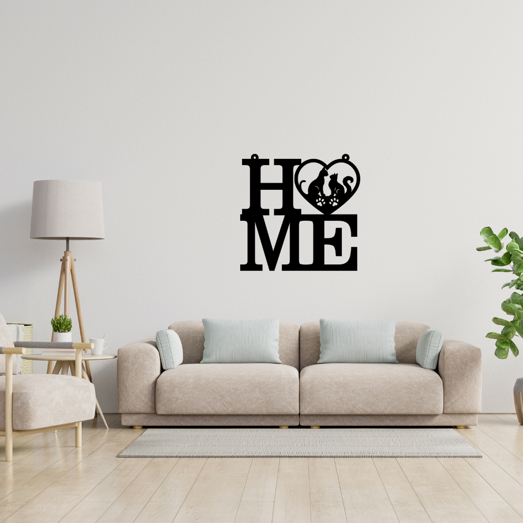Purrfect Home | Home Cat Lover Metal Wall Art showcased above a sofa in a stylish living room.
