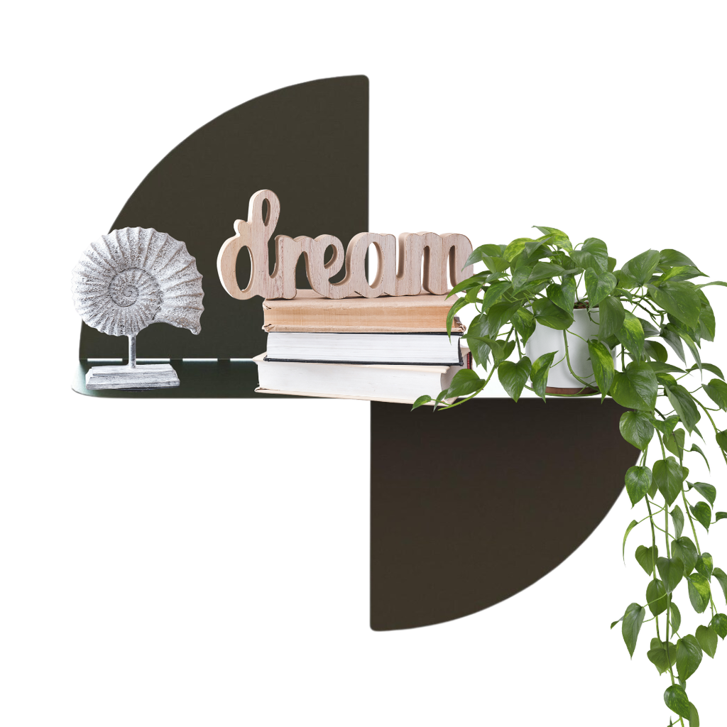 Quadrant Floating Shelf featuring intersecting quarter-circle steel panels and display shelf