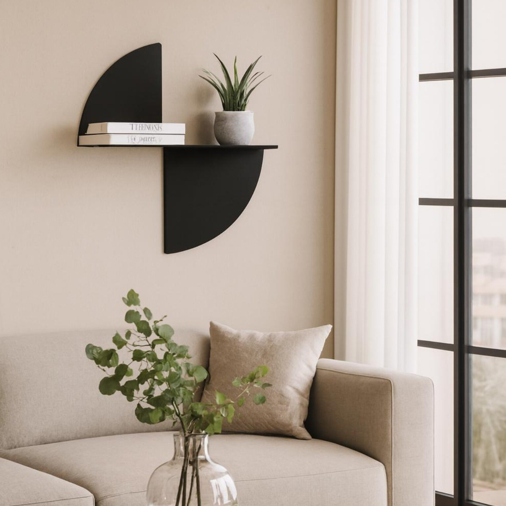 Modern geometric wall shelf displayed above a sofa in a minimalist interior