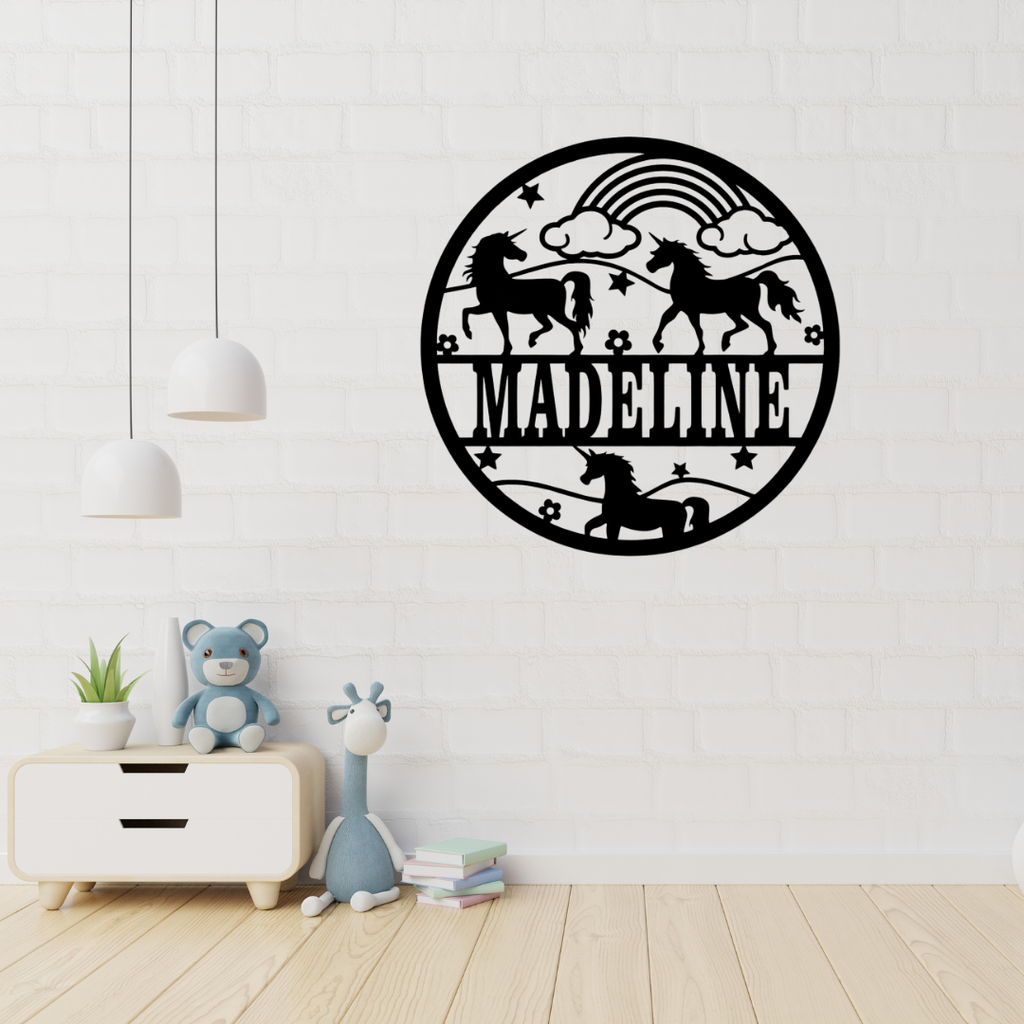 Unicorn rainbow metal wall art displayed in a dreamy girls bedroom