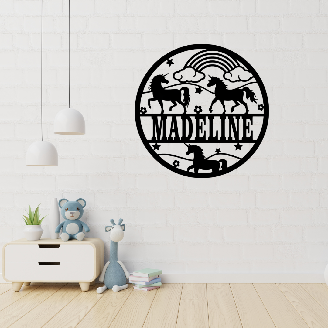 Unicorn rainbow metal wall art displayed in a dreamy girls bedroom