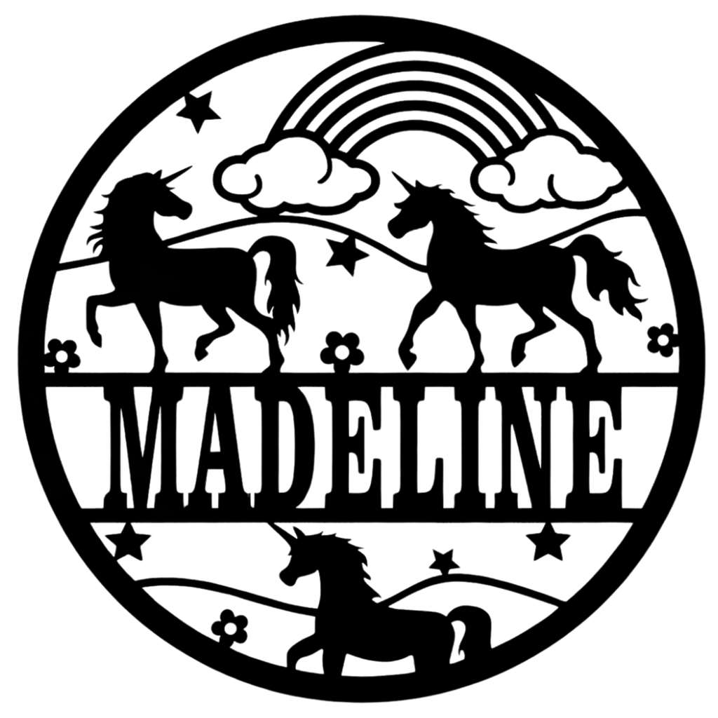 Rainbow Gallop unicorn metal sign isolated on plain white background