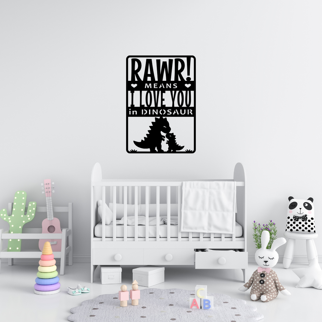 Rawr Means I Love You | Dinosaur Love Metal Wall Art showcased above a white crib in a contemporary nursery.