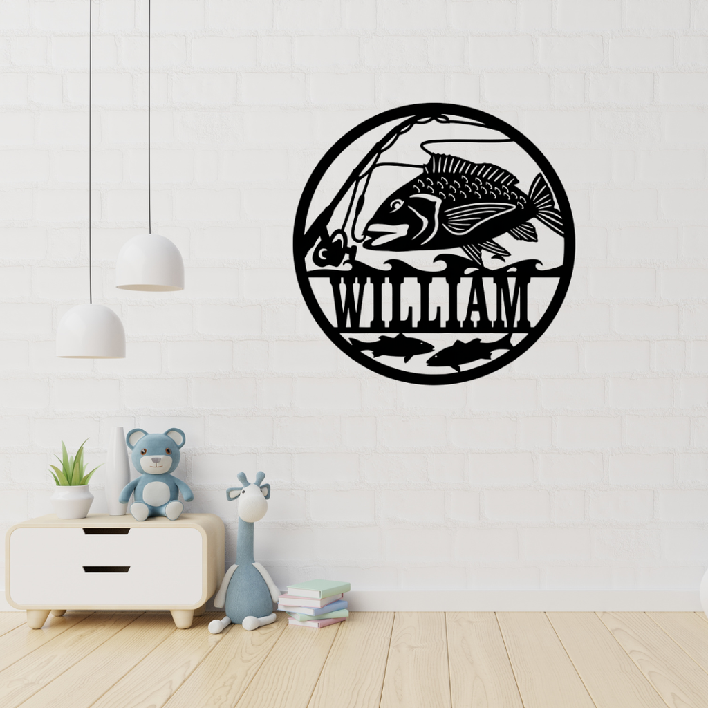 Fishing adventure metal wall art displayed in a rustic cabin interior
