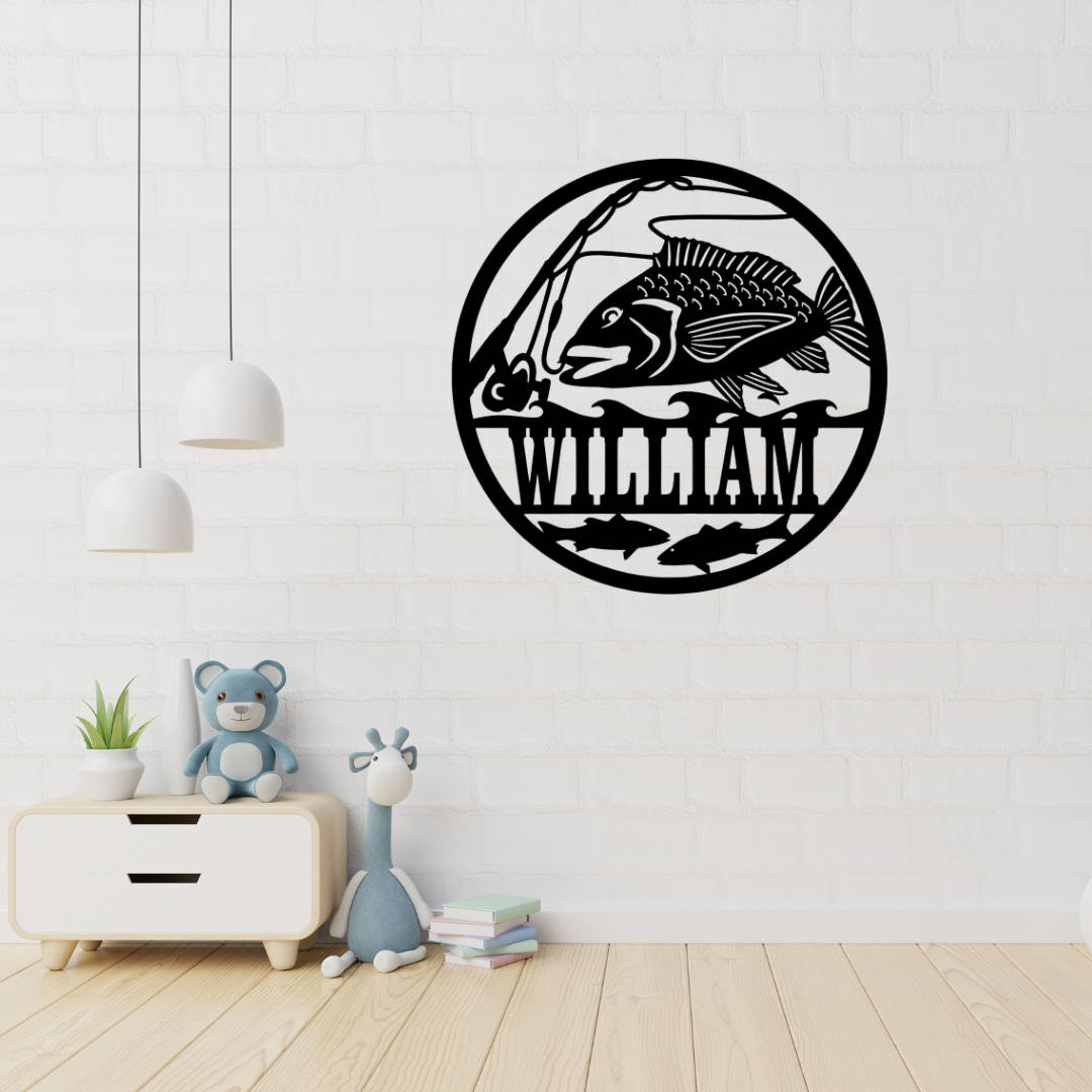 Fishing adventure metal wall art displayed in a rustic cabin interior