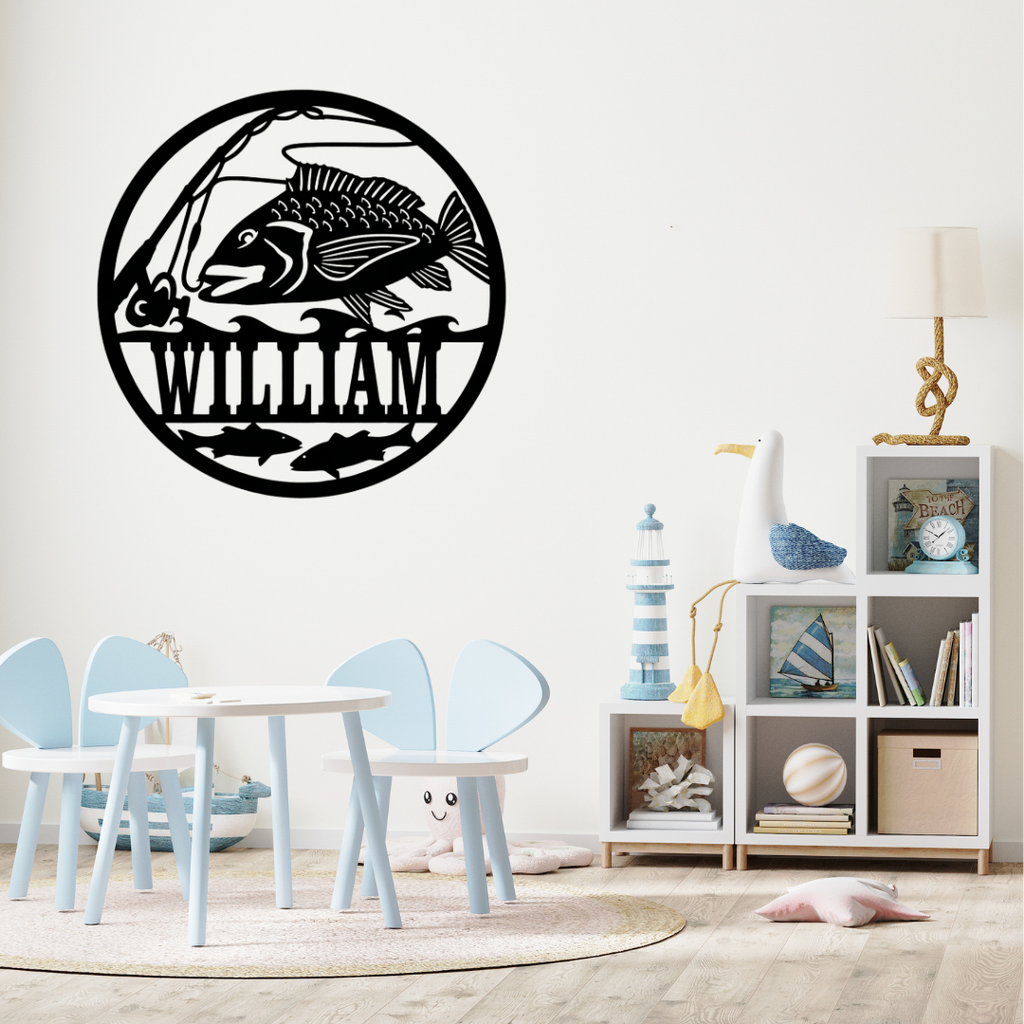 Fishing-themed metal décor styled in a lake house entertainment room