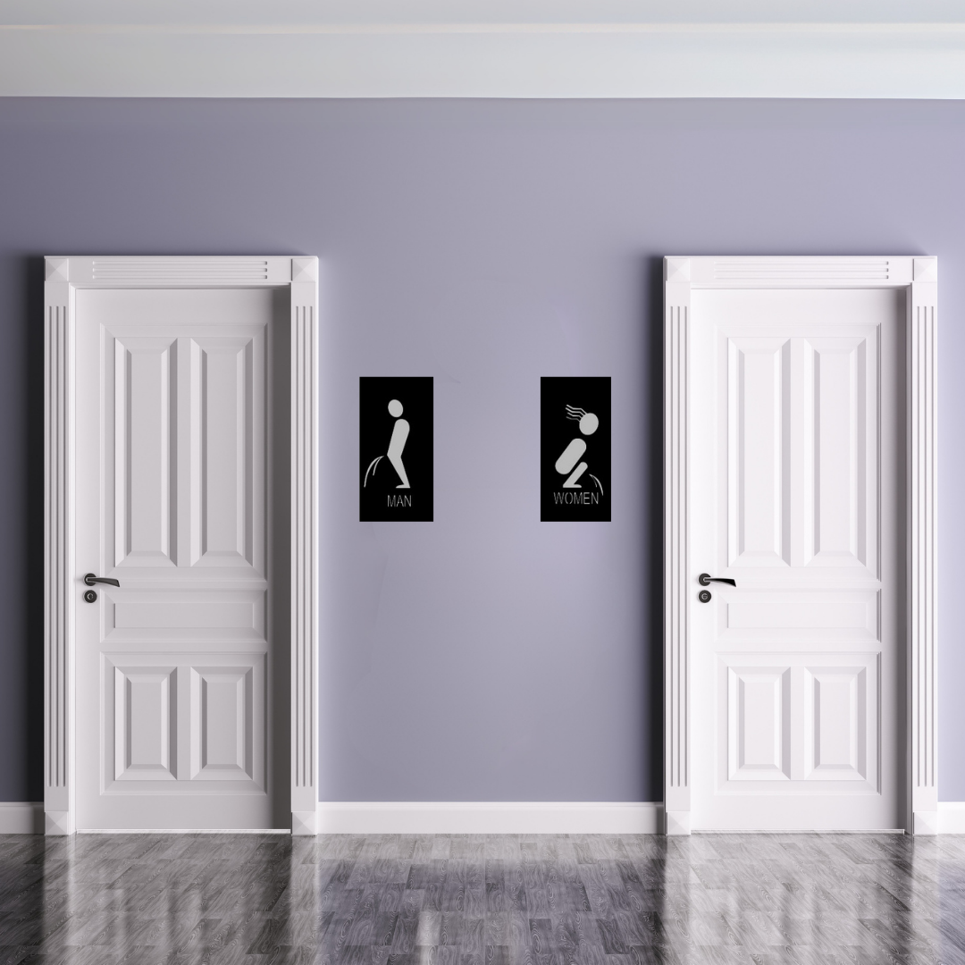 Relief Mode | Funny Male & Female Restroom Sign Set displayed between restroom entrances.