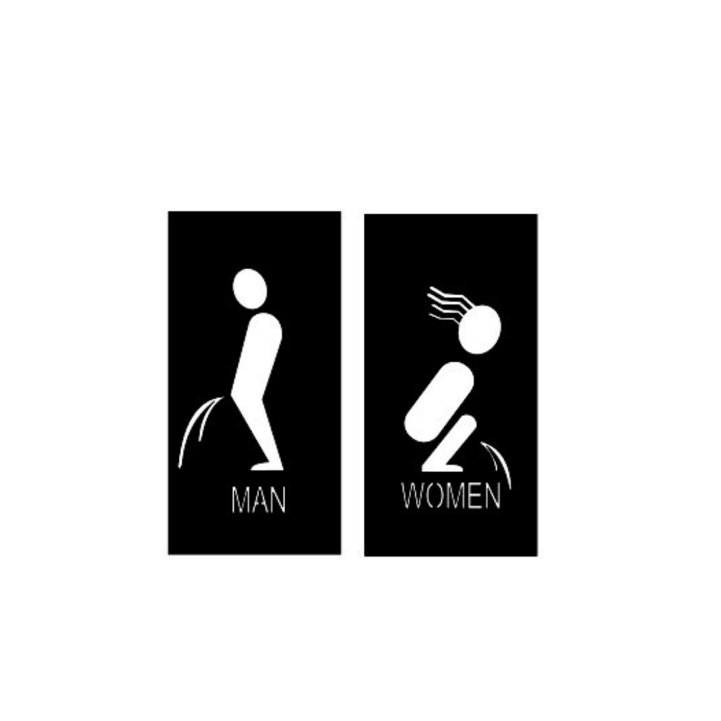 Relief Mode | Funny Male & Female Restroom Sign Set crafted from premium laser-cut powder-coated steel.