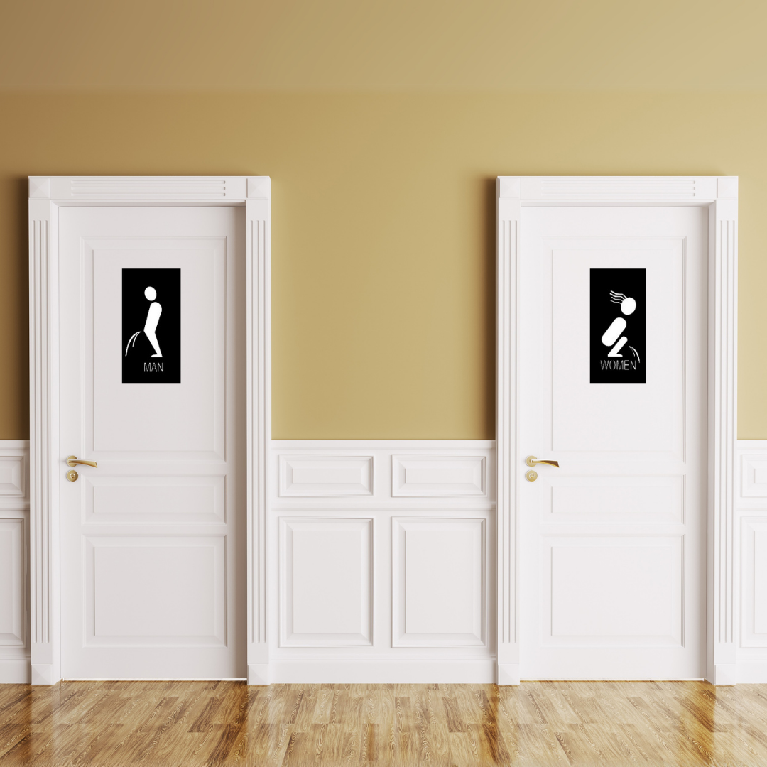 Relief Mode | Funny Male & Female Restroom Sign Set mounted on restroom doors in a stylish interior.